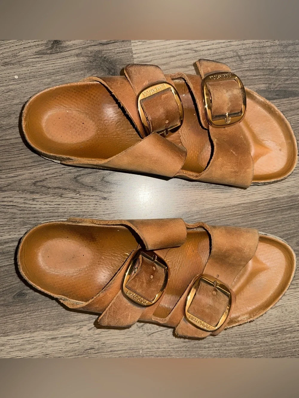 Birkenstock Brown Leather Sandals, gold buckles